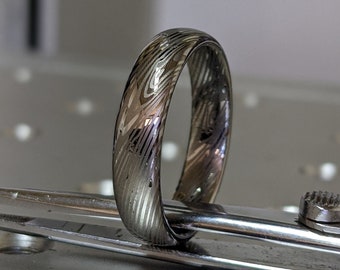 Shiny Mokume Gane Tungsten - Forged Ring - Mokume Band - Damascus Ring- Two Color Mokume- Mokume Wedding Bands - Mokumegane 5mm