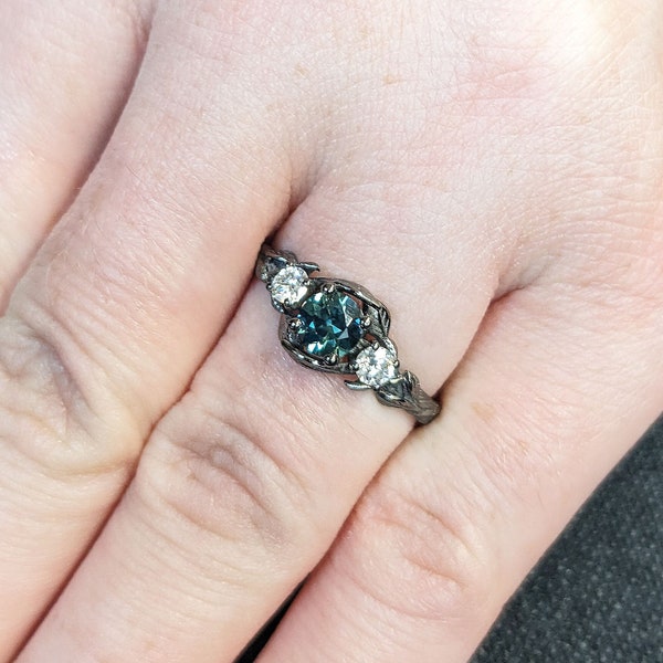 Rustic Teal Sapphire 3 Stone Trilogy Unique Women Proposal Cocktail Ring | Solid Gold, Platinum Nature Inspired Diamond Bridal Jewelry
