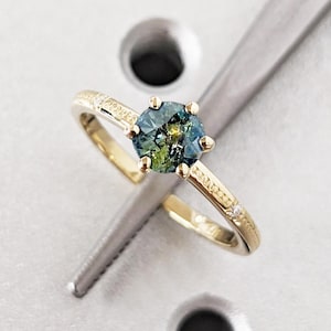 Round Cut Natural Teal Sapphire Ring, Beaded Band Dainty Engagement Ring, Peacock Blue Green Montana Sapphire, 14K Solid Gold Solitaire Ring