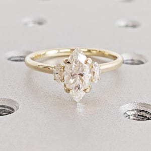 3 Stone Lab Grown Diamond Ring, 1ct Marquise Cut Lab Diamond Ring, Three Stone Engagement Ring 14K Yellow Gold Anniversary Ring Gift for Her