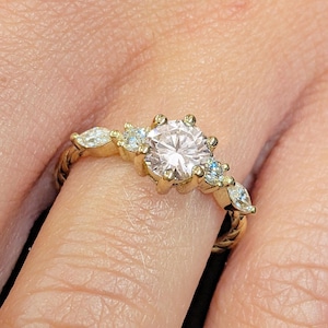 Unique Twisted Engagement Ring, Round Cut Lab Diamond Engagement Ring, Marquise and Round Diamond/Moissanite Twist Wedding Ring, Solid Gold