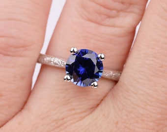 Blue Lab Sapphire Ring, Round 18K Gold Lab Created Sapphire Engagement Ring, Vintage September Birthstone Jewelry