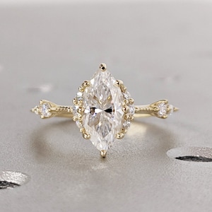 Vintage Marquise Moissanite Ring, Marquise Solitaire Engagement Ring, 14K Dainty Cluster Ring, Wedding Anniversary Gift, Unique Promise Ring