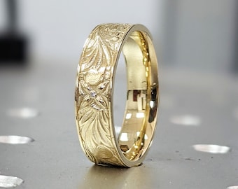 Vintage Wedding Ring, 14K 18K Gold Wedding Band, Unisex Wedding Band, Floral Wedding Band, Antique Wedding Ring