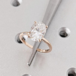 14K Rose Gold Oval Lab Grown Diamond Engagement Ring, Moissanite Pavé Hidden Halo Ring, Thin Band Wedding Jewelry, Handmade Promise Ring