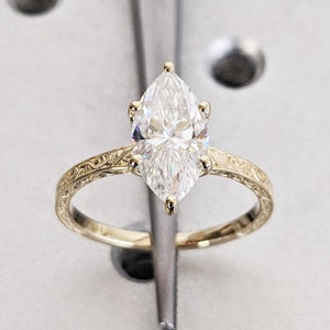 Marquise Cut Moissanite Ring Vintage Moissanite Engagement Ring Solid Gold Unique Classic Solitaire Engagement Ring Filigree Hand Carved