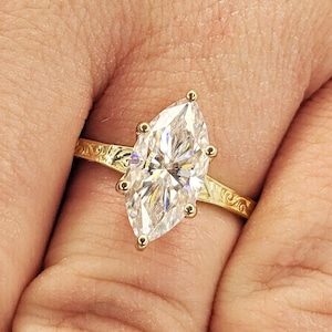 Marquise Cut Moissanite Ring Vintage Moissanite Engagement Ring Solid Gold Unique Classic Solitaire Engagement Ring Filigree Hand Carved