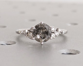 Conjunto de anillos de sal y pimienta, conjunto de anillos de diamantes hechos a mano, racimo de ventisqueros, anillo de bodas de seis puntas, anillo redondo de diamantes de sal y pimienta, Art Déco