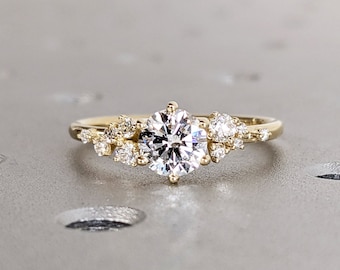 Round Lab Grown Diamond Gold or Platinum Engagement Ring | Unique Snowdrift 6 Prong Diamond Cluster Promise Ring | Wedding Ring for Women