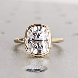 Elongated Cushion Cut Moissanite Solitaire Ring, Yellow Gold Engagement Ring, Solitaire Bezel Setting, Statement Ring, Bridal Set, Stackable