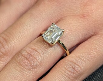 2.5ct Emerald cut Moissanite Solitaire Engagement Ring | 14K Yellow Gold Promise Ring | Minimalist Wedding Anniversary Ring | Statement Ring