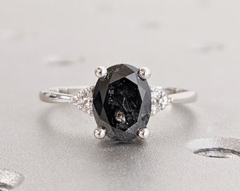 Vintage Salt and Pepper Diamond Engagement Ring, Oval Cut Engagement Ring, Diamond Cluster Ring, White Gold Ring, Art Deco Anniversary Ring