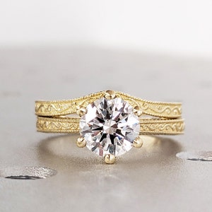 Unique Vintage Lab Grown Diamond Ring Bridal Set / Solid Gold Art Deco Milgrain Filigree Band / Classic Wedding Milgrain Engagement Ring Set