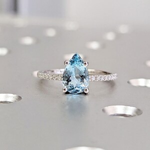 Pear cut Aquamarine Ring | Vintage Lab Grown Aquamarine Engagement Ring | White Gold Unique Promise Ring | Diamond Cluster Eternity Ring