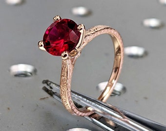 Vintage Ruby Engagement Ring 14k rose gold hand engraved ruby ring, cathedral setting, high profile prongs, hand engraving Everleigh