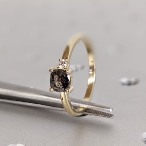 1920&#39;s Raw Salt and Pepper Diamond, Cushion Cut Diamond Ring, Unique Two Stone Engagement, 14k Yellow, Rose, White, Black Gold, Vintage Ring