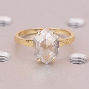 Moissanite Hexagon Ring, Solitaire Engagement Ring, Vintage Scrollwork Band, Antique Inspired Wedding Rings, Art Deco Anniversary Jewelry