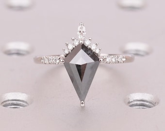 Kite Cut Salt and Pepper Diamond Ring, Unique Engagement Ring, Platinum Bridal Jewelry, Vintage Wedding Anniversary Cluster Rings for Women