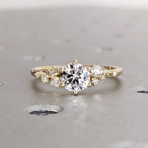 Round Moissanite Ring Vintage Moissanite Engagement Ring Solid Gold Unique Snowdrift 6 Prongs Engagement Ring Cluster Diamond Wedding Ring