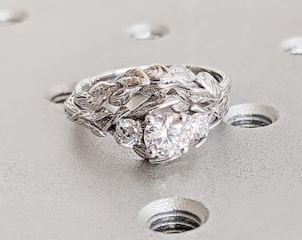Nature Inspired Moissanite Engagement Ring Set, Leaves Band Round Moissanite Wedding Ring Set, Vine Branch Alternative Engagement Bridal Set