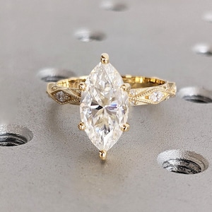Solid Yellow Gold Marquise Cut Engagement Ring | 1-2CT Marquise Moissanite Ring | Milgrain Wedding Ring | 6 Prongs Anniversary Ring For Her