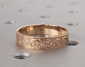 Gold Unique Engraved Wedding Ring, Art Deco Scroll Style Wedding Band, Hand Carved Men's Gold Ring New Vintage 5mm Flat Wedding Ring for Him