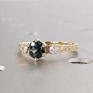 One of a Kind Montana Sapphire Ring, Blue Sapphire Diamond Trellis Ring, Vintage Inspired Blue Sapphire Engagement Ring, 14K Gold Green Teal