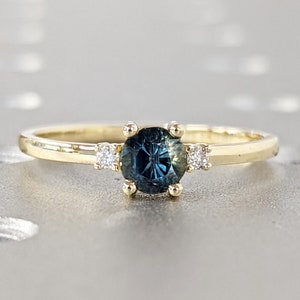 Dainty Blue Green Sapphire Ring with Diamond , Teal Sapphire Engagement Ring , Alternative Engagement Ring , Diamond Ring , Solid Gold Ring