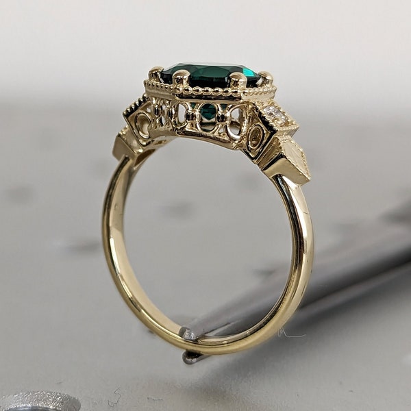 Emerald ring vintage emerald engagement ring 14k yellow gold ring gift unique antique wedding promise anniversary ring for her birthstone