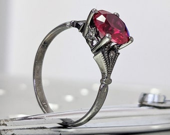 Vintage robijnrode verlovingsring 14k zwartgouden diamant Art deco trouwring diamant Vintage filigraanring verlovingsverjaardag belofte