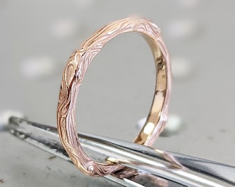 Alianza de boda de oro de 14 k con forma de rama fina, anillo de oro con forma de rama, banda natural de oro de 14 k con forma de rama, anillo de oro rosa con forma de rama, anillo de oro de 14 k con forma de rama fina