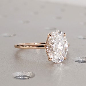 Oval Moissanite Hidden Halo Engagement Ring, Solitaire Oval Ring, Oval Cut Moissanite, Rose Gold Ring, 14K Gold, Summer Jewelry Gift For Her
