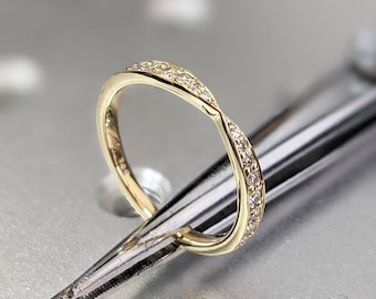Bow Tie Shaped Diamond Wedding Band, 14k Yellow Gold, Prong Channel Set Diamonds, 1/2 Eternity, Vintage Style, Pinched Center, Diamond Band