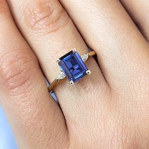 Emerald Cut Sapphire Wedding Anniversary Ring | Blue Sapphire Three Stone Thin Engagement Ring | Lab Sapphire Solid Gold Rings For Women