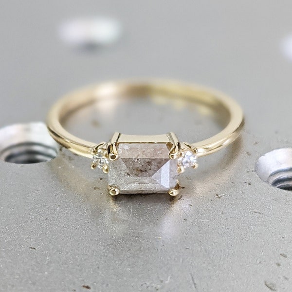 1ct LIMITED Icy Salt and Pepper Diamond Ring, Alternative Promise Ring, Milky Diamond Art Deco 1920's Inspired Thin Petite Band, Unique Ring
