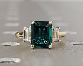 Art Deco Emerald Cut Emerald Engagement Ring, 14K Solid Gold May Birthstone Ring, Vintage Green Emerald Ring, Wedding Ring For Her, Trellis