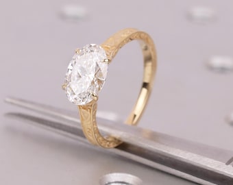 2 Carat Oval Cut Conflict Free Diamond Ring | Solitaire Lab Grown Diamond | 18K Yellow Gold Engagement Ring | Dainty Engraved Ring For Women