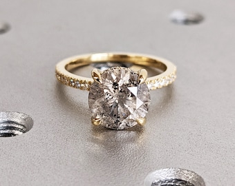 Anillo de compromiso clásico redondo de diamantes de sal y pimienta, anillo de diamantes, anillo de boda redondo de 4 puntas, anillo de promesa simple, halo oculto, Art Déco