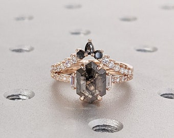 1.75ct Hexagon Natural Salt and Pepper Grey Diamond Women Engagement Ring Set | 14K Rose Gold Pear, Round cut Diamonds Curve Wedding Band