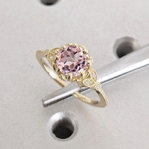 Art Deco Round Morganite Solitaire Floral Engagement Ring | 14k Yellow Gold Wedding Anniversary Ring | Leaf Ring | Real Gold Rings For Women
