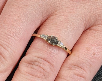 3 stenen trilogie zout en peper Galaxy Diamond, Moissanite trouwverjaardag ring voor vrouw | Massief goud, platina unieke voorstelring