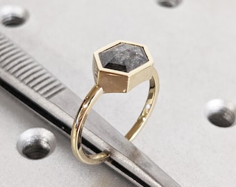 East West Hexagon Salt and Pepper Diamond Ring, 14k Gold Engagement Ring, Bezel Solitaire Ring, Promise Ring, Unique Engagement Ring