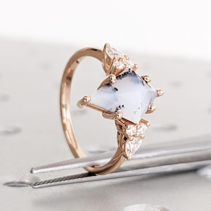 Natural Moss Agate Engagement Ring, Kite Moss Agate Ring 14K Rose Gold, Vintage Promise Ring, Nature Gemstone Wedding Ring Set, Gift For Her