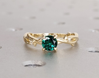 Twig Round Shaped Emerald Ring Gold Vintage Nature Inspired Unique Emerald Engagement Ring Antique Leaf Ring Bridal Wedding Ring for Women