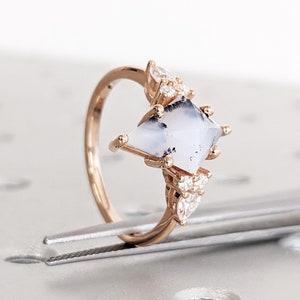 Green Moss Agate Engagement Ring, Kite Cut Moss Agate Ring, 14K Rose Gold Ring Lab Diamond, Nature Inspired Promise Ring, Unique Wedding Set