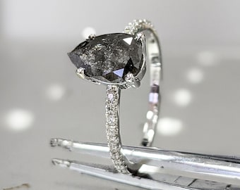1920&#39;s Raw Salt and Pepper Diamond, Pear Diamond Ring, Unique Engagement Bridal Set, Black, Gray Pear, 14k Yellow, Rose, or White Gold