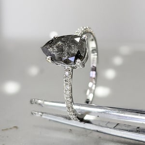 1920's Raw Salt and Pepper Diamond, Pear Diamond Ring, Unique Engagement Bridal Set, Black, Gray Pear, 14k Yellow, Rose, or White Gold