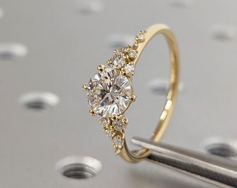 1ct Round Lab Grown Diamond 18K Yellow Gold Engagement Ring | Unique Snowdrift 6 Prong Diamond Cluster Promise Ring |  Wedding Ring for Her