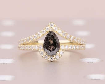 Pear Engagement Ring Set With Moissanite Accents, Salt and Pepper Diamond Ring for Women, 14k Gold Stackable Rings, Art Deco Bridal Jewelry