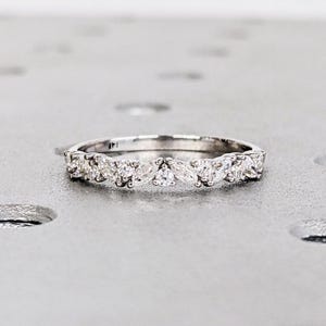 Vintage Lab Diamond Marquise Cut Round Wedding Band | 14K White Gold Wedding Band | Half Eternity Band | Promise Ring Anniversary Band Ring